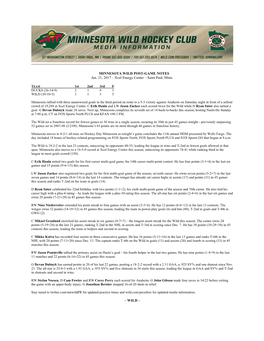 MINNESOTA WILD POST-GAME NOTES Jan. 21, 2017 – Xcel Energy Center – Saint Paul, Minn