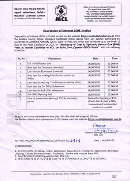 EOI) for Setting-Up of Coal to Synthetic Natural Gas(SNG