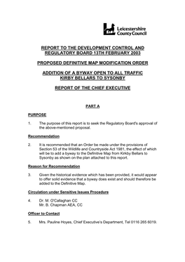 Report to the Development Control and Regulatory Board 13Th February 2003