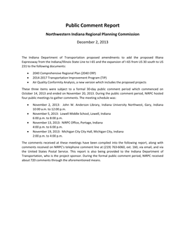 Public Comment Report Northwestern Indiana Regional Planning Commission December 2, 2013