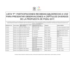 Lista "F": Participaciones Recibidas Sin Derecho a Voz Para Presentar Observaciones a Capítulos Diversos De La Propuesta De Pgdu 2017