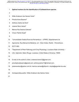 Optimal Markers for the Identification of Colletotrichum Species 1 2 Willie