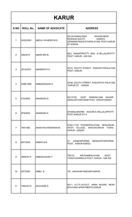 S.NO ROLL No. NAME of ADVOCATE ADDRESS