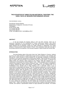 The Acoustics of Three Italian Historical Theatres: the Early Days of Modern Performance Spaces