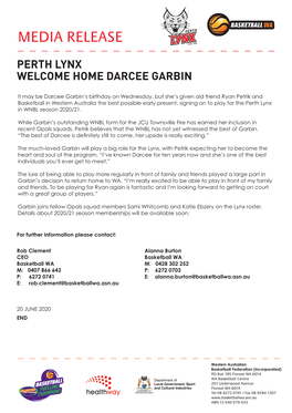 Media Release Perth Lynx Darcee Garbin