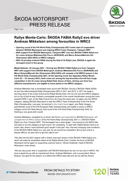 Rallye Monte-Carlo: ŠKODA FABIA Rally2 Evo Driver Andreas Mikkelsen Among Favourites in WRC2