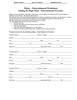 Music – Entertainment Worksheet Finding the Right Music - Entertainments Providers