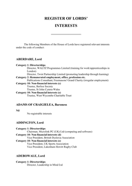 Register of Lords' Interests (9 February 2012)