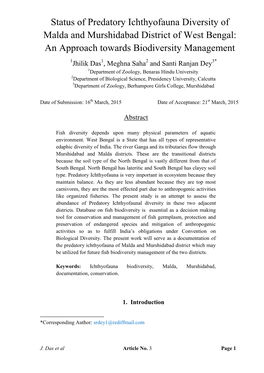 Status of Predatory Ichthyofauna Diversity of Malda and Murshidabad District of West Bengal: an Approach Towards Biodiversity Management