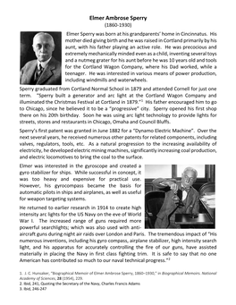 Elmer Ambrose Sperry (1860-1930) Elmer Sperry Was Born at His Grandparents’ Home in Cincinnatus