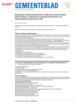 Subsidiëring Dorpshuizen En Wijkcentra, Sociaal Cultureel Werk-Instellingen, Jongerencentra, Dienstencentra Ouderen En/Of Begeleidingscommissies Ouderen 2019