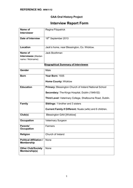 GAA Oral History Project Interview Report Form