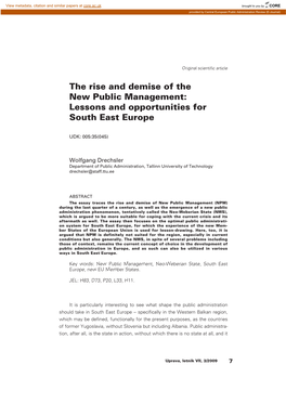 The Rise and Demise of the New Public Management: Lessons and Opportunities for South East Europe