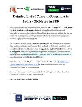 Detailed List of Current Governors in India - GK Notes in PDF