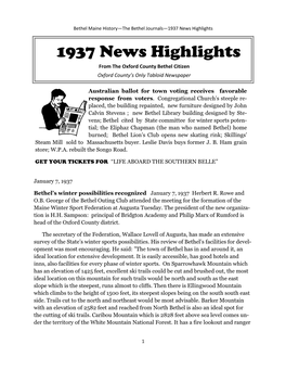 1937 News Highlights 1937 News Highlights from the Oxford County Bethel Citizen Oxford County’S Only Tabloid Newspaper