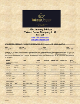 2020 January Edition Takach Paper Company LLC Price List Sales@Takachpaper.Com