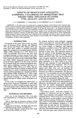 Effects of Mesocyclops Longisetus (Copepoda: Cyclopidae)