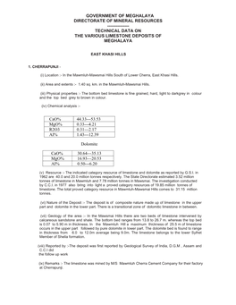 Technical Data on the Various Limestone Deposits of Meghalaya