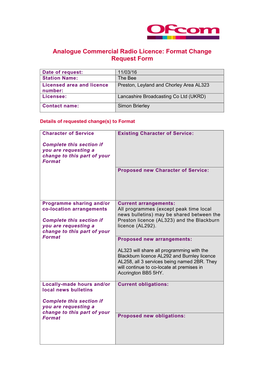 Analogue Commercial Radio Licence: Format Change Request Form