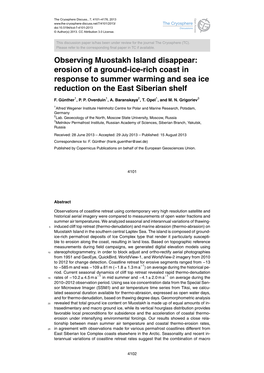 Observing Muostakh Island Disappear: Erosion of a Ground-Ice-Rich Coast in Response to Summer Warming and Sea Ice Reduction on the East Siberian Shelf