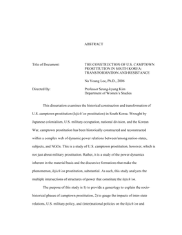 ABSTRACT Title of Document: the CONSTRUCTION of US CAMPTOWN PROSTITUTION in SOUTH KOREA