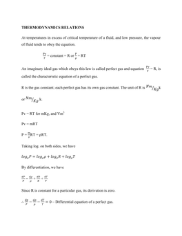 THERMODYNAMICS RELATIONS at Temperatures in Excess of Critical