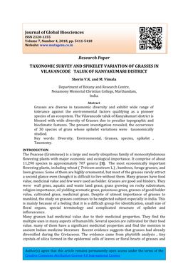 Research Paper TAXONOMIC SURVEY and SPIKELET VARIATION of GRASSES in VILAVANCODE TALUK of KANYAKUMARI DISTRICT