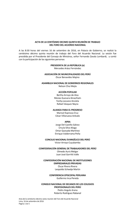 ACTA DE LA CENTÉSIMO DECIMO QUINTA REUNIÓN DE TRABAJO DEL FORO DEL ACUERDO NACIONAL a Las 8:30 Horas Del Viernes 16 De Setiem