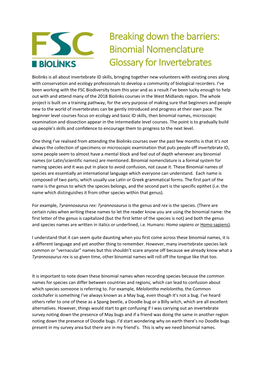 Binomial Nomenclature Glossary for Invertebrates