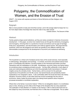 Polygamy, the Commodification of Women, and the Erosion of Trust
