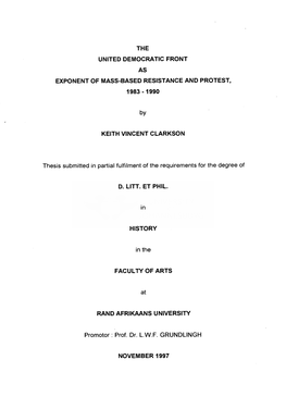 The United Democratic Front As Exponent of Mass-Based Resistance and Protest, 1983 - 1990