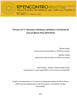 Elementos Individuais, Partidários E Territoriais Do Voto Em Marina Silva (2010-2014)