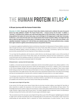 PRESS RELEASE a 20-Year Journey with the Human Protein Atlas