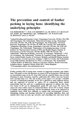 The Prevention and Control of Feather Pecking in Laying Hens: Identifying the Underlying Principles T.B