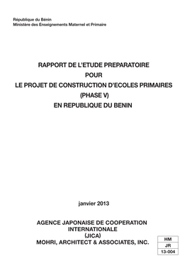 Rapport De L'etude Preparatoire Pour Le Projet De Construction D'ecoles