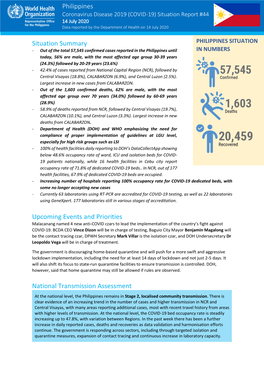 Philippines Coronavirus Disease 2019 (COVID-19) Situation Report #44 14 July 2020 Data Reported by the Department of Health on 14 July 2020