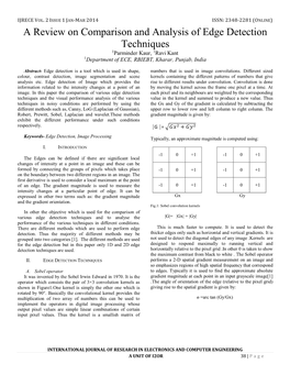 A Review on Comparison and Analysis of Edge Detection Techniques 1Parminder Kaur, 1Ravi Kant 1Department of ECE, RBIEBT, Kharar, Punjab, India