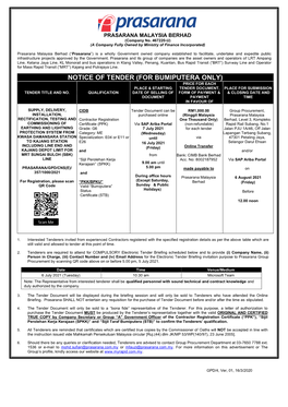 Notice of Tender (For Bumiputera Only) Price for Each Place & Starting Tender Document, Place for Submission Tender Title and No