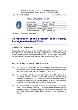 Re-Affirmation of the Freedom of the County Borough to the Royal Welsh