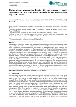 Thrips Species Composition, Biodiversity and Seasonal Dynamic Populations in Two Vine Grape Orchards in the North-Eastern Region of Tunisia