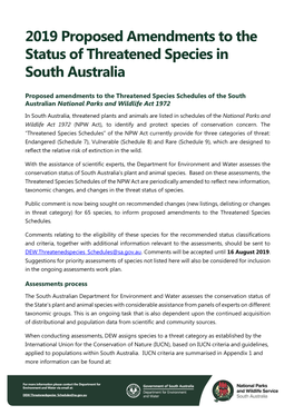 2019 Proposed Amendments to the Status of Threatened Species in South Australia