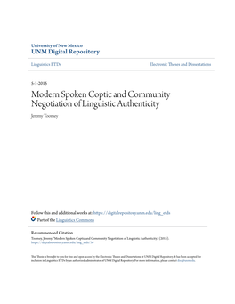 Modern Spoken Coptic and Community Negotiation of Linguistic Authenticity Jeremy Toomey