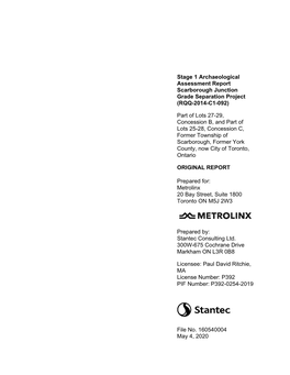 Stage 1 Archaeological Assessment Report Scarborough Junction Grade Separation Project (RQQ-2014-C1-092)