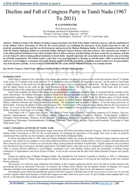 Decline and Fall of Congress Party in Tamil Nadu (1967 to 2011) R