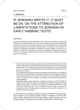 Attribution of Lamentations to Jeremiah in Early Rabbinic Texts1