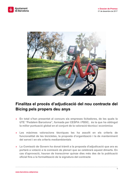 Finalitza El Procés D'adjudicació Del Nou Contracte Del Bicing Pels