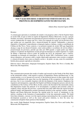 Nos Vales Dos Rios: O Desenvolvimento Do Sul Da Província Do Espiríto Santo No Século Xix