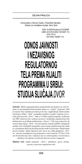 Odnos Javnosti I Nezavisnog Regulatornog Tela Prema Rijaliti Programima U Srbiji: Studija Slučaja Dvor