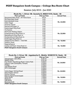 PESIT Bangalore South Campus – College Bus Route Chart Session: July 2019 – Jun 2020