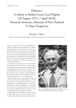 Obituary: a Tribute to Robert Louis Cecil Pilgrim (26 August 1921–7 April 2010), Research Associate, Museum of New Zealand Te Papa Tongarewa